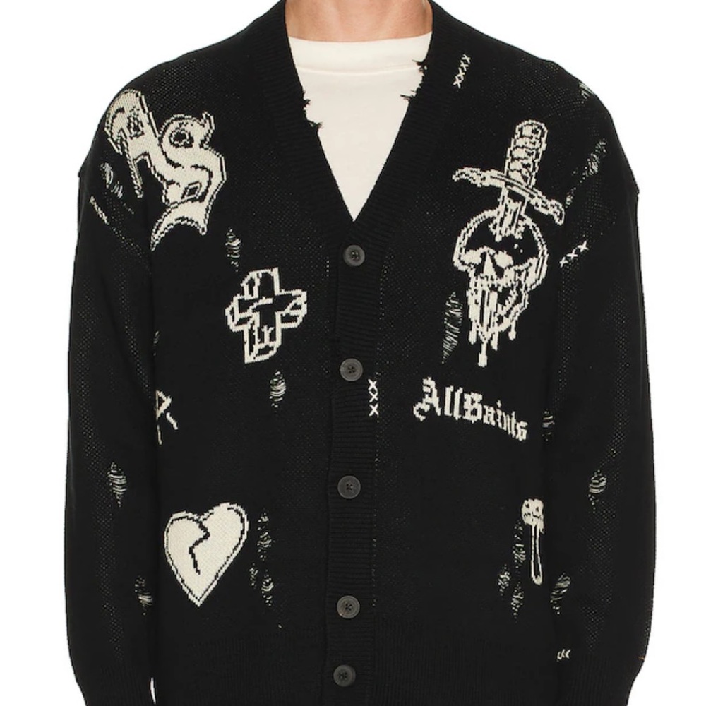 Black Graphic Cardigan Sweater with Distressed Motifs